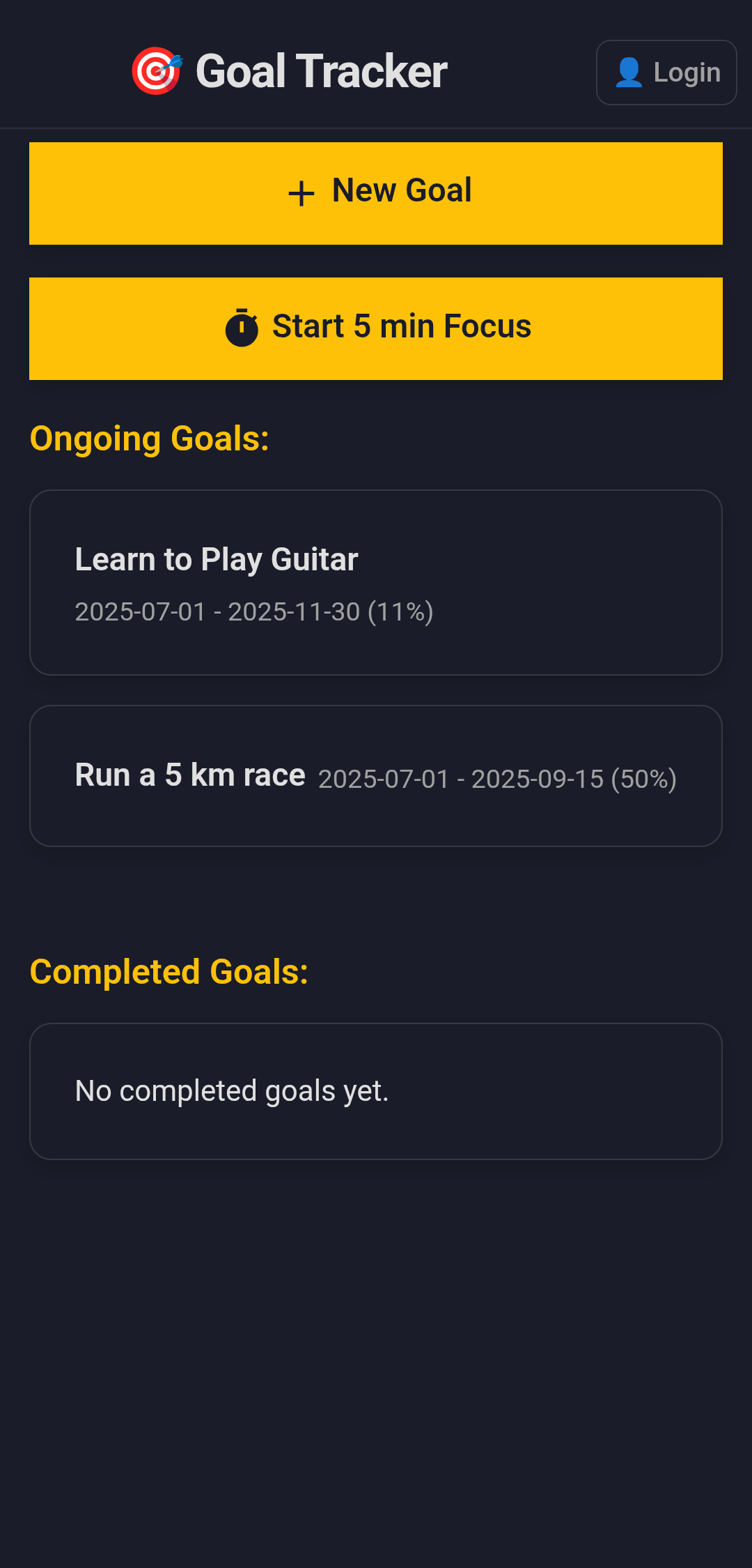 Goal Tracker App Main Screenshot